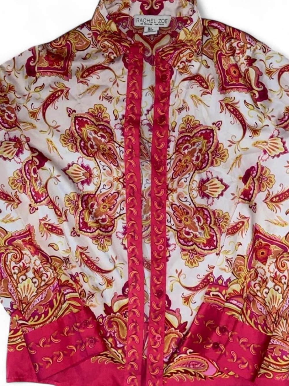 Rachel Zoe Fuchsia Pink and Gold Paisley Silk-Feel Button Front Blouse